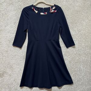 Talbots Ponte Fit &‎ Flare Dress Women's 4P Navy Blue Scarf Tie 3/4 Sleeve NWT